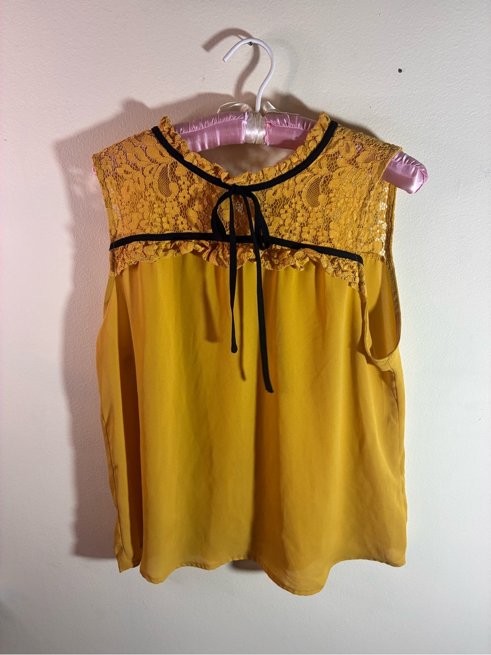 Active USA Lace Yoke Sleeveless Blouse - Mustard Large Tank Blouse